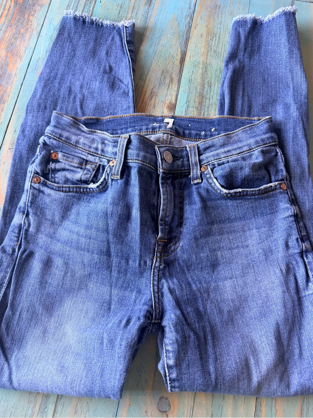 7 For All Mankind Medium Blue Skinny Jeans with Frayed Hem